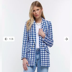 River Island Blue Houndstooth Boucle Blazer